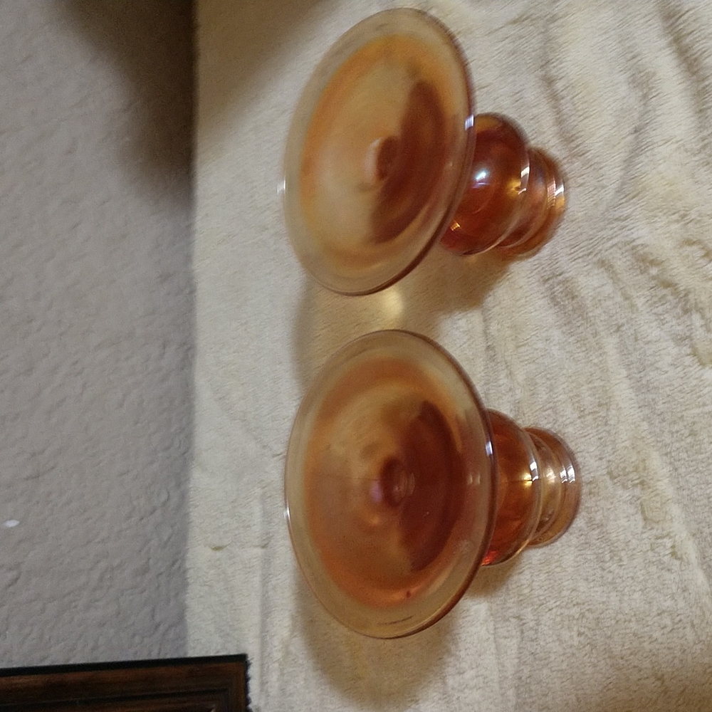 SOLD Vintage Depression Glass Amber Candlestick holders set of 2 - Picture 6 of 8